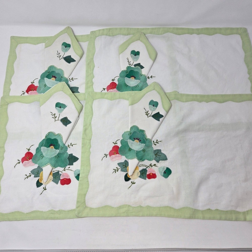 Vintage Floral Applique Placemats Napkins Set 4 Green White Cottage Table Linens